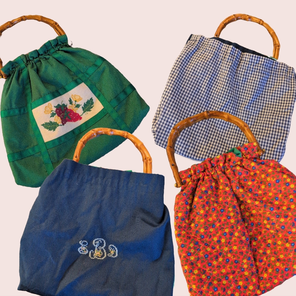 Vintage Handmade Fabric Bag Wooden Handle 4 In 1